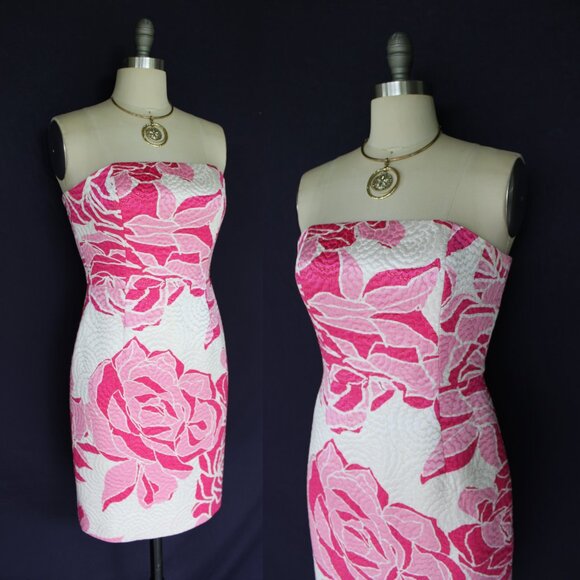 Lilly Pulitzer Allegra Dress silk Rose jaquard brocade Lavie En Rose strapless 2 - Picture 2 of 11